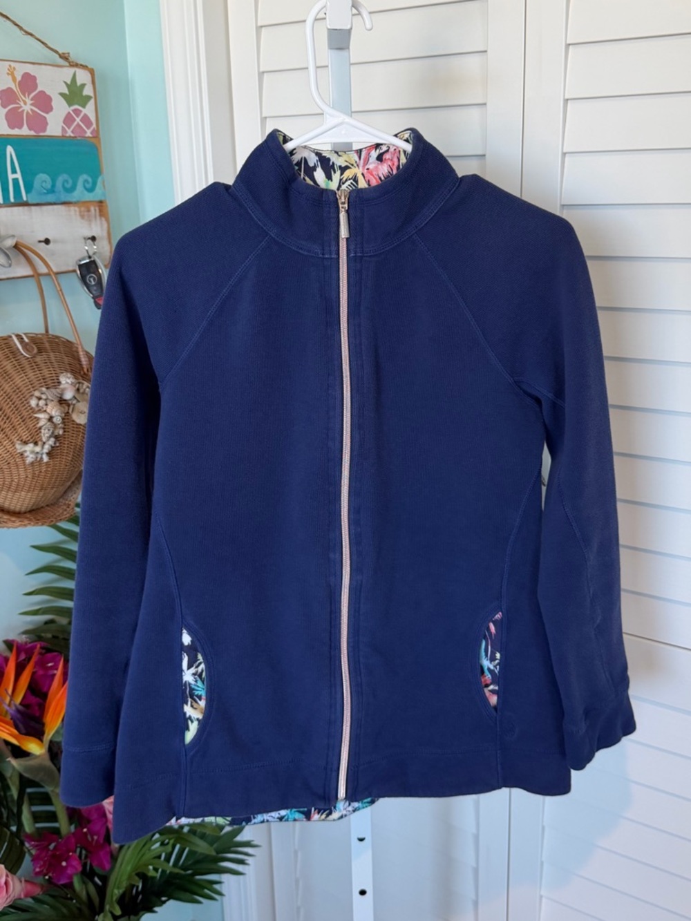 Woman’s Tommy Bahama Navy Full-Zip Jacket with Floral Trim